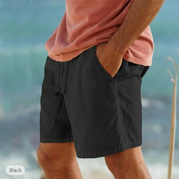 Cotton Linen Drawstring Elastic Waist Solid Color Breathable Bermuda Shorts - E. M. E. LLC0