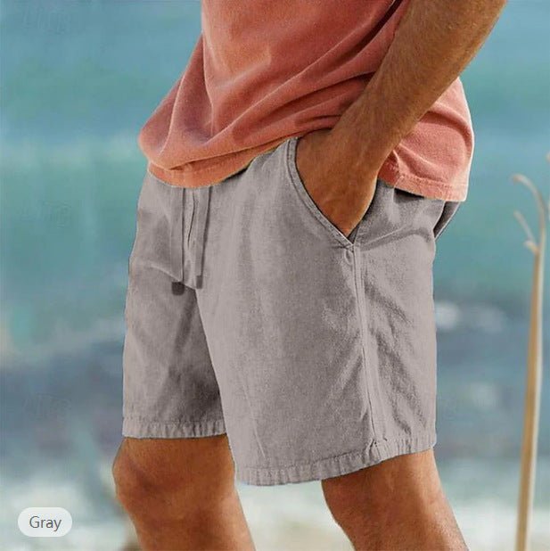 Cotton Linen Drawstring Elastic Waist Solid Color Breathable Bermuda Shorts - E. M. E. LLC0