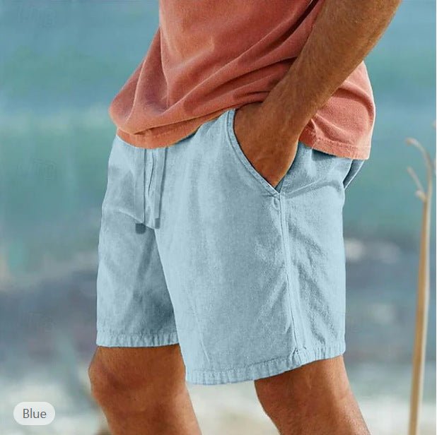 Cotton Linen Drawstring Elastic Waist Solid Color Breathable Bermuda Shorts - E. M. E. LLC0