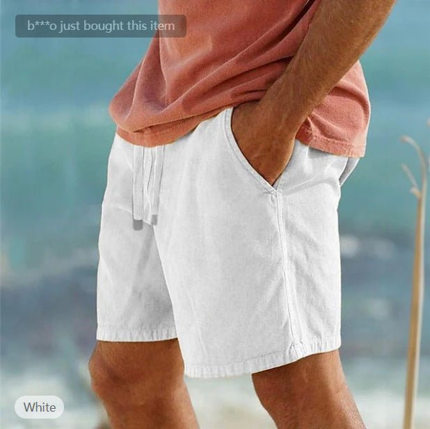 Cotton Linen Drawstring Elastic Waist Solid Color Breathable Bermuda Shorts - E. M. E. LLC0