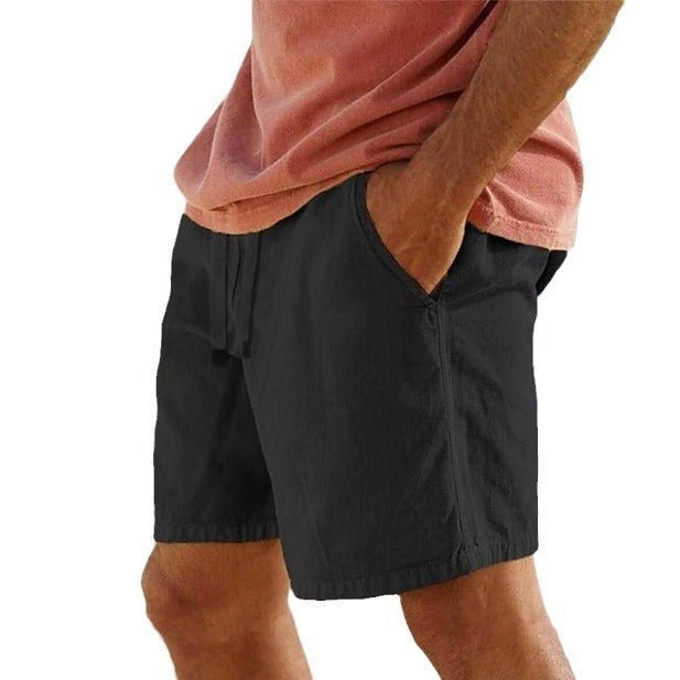 Cotton Linen Drawstring Elastic Waist Solid Color Breathable Bermuda Shorts - E. M. E. LLC0