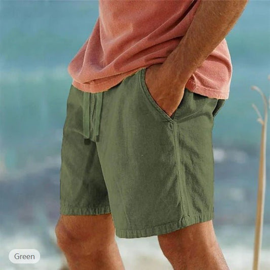 Cotton Linen Drawstring Elastic Waist Solid Color Breathable Bermuda Shorts - E. M. E. LLC0