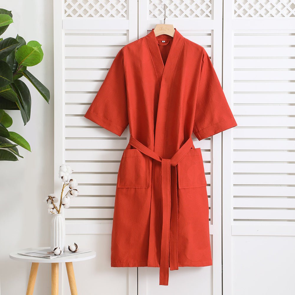 Cotton Single - layer Yarn Bathrobe Spring Summer Cropped Sleeves Mid - length Bathrobe - E. M. E. LLC0