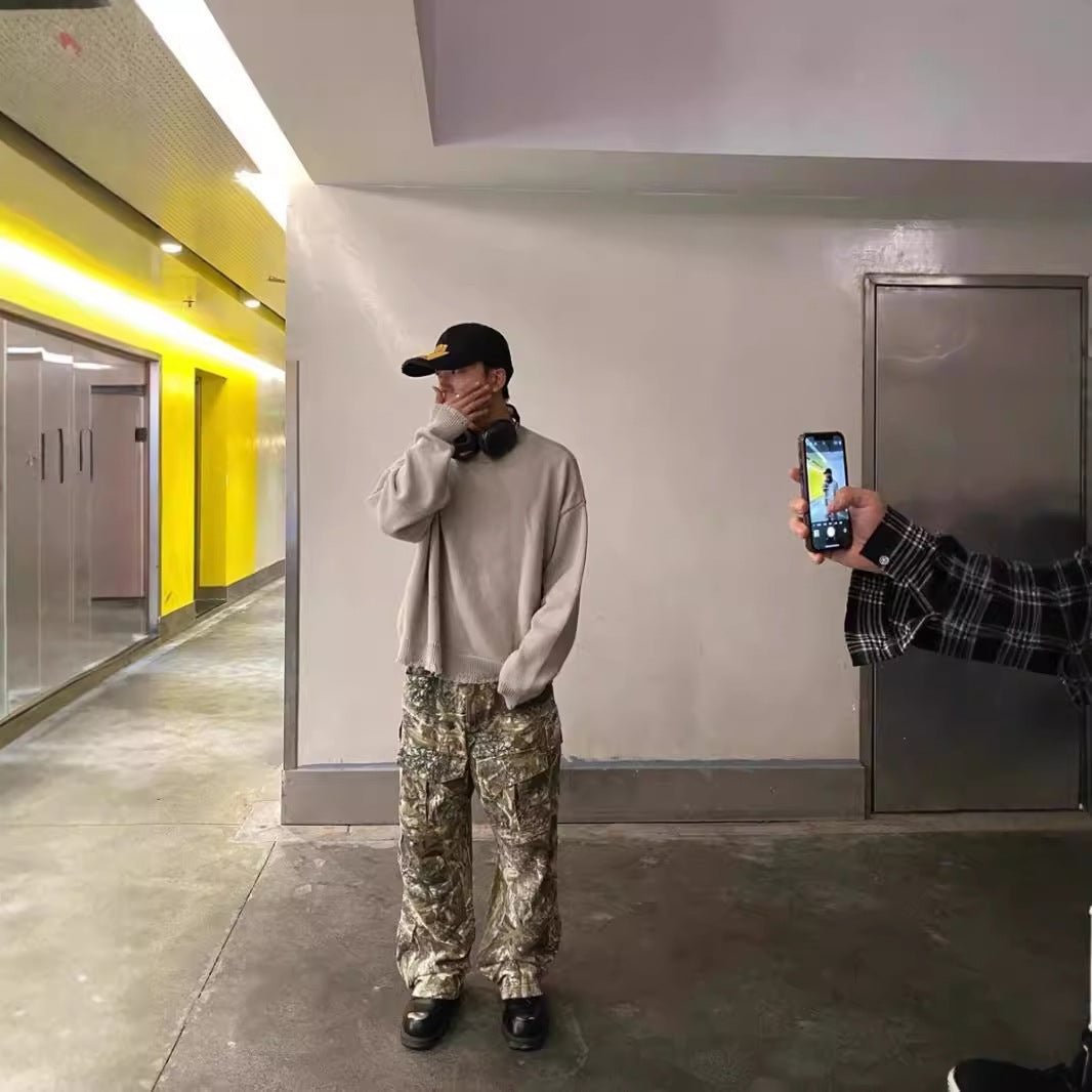 Distressed Camouflage Pants Wide Leg Loose Straight Cargo Pants - E. M. E. LLC0