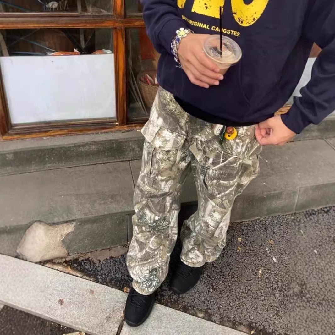 Distressed Camouflage Pants Wide Leg Loose Straight Cargo Pants - E. M. E. LLC0