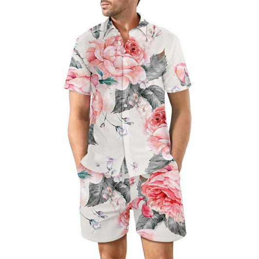European Size Men's Casual Loose Shirt Suit Hawaii Seaside 3d Digital Printing Beach Short Sleeve Shorts - E. M. E. LLC0