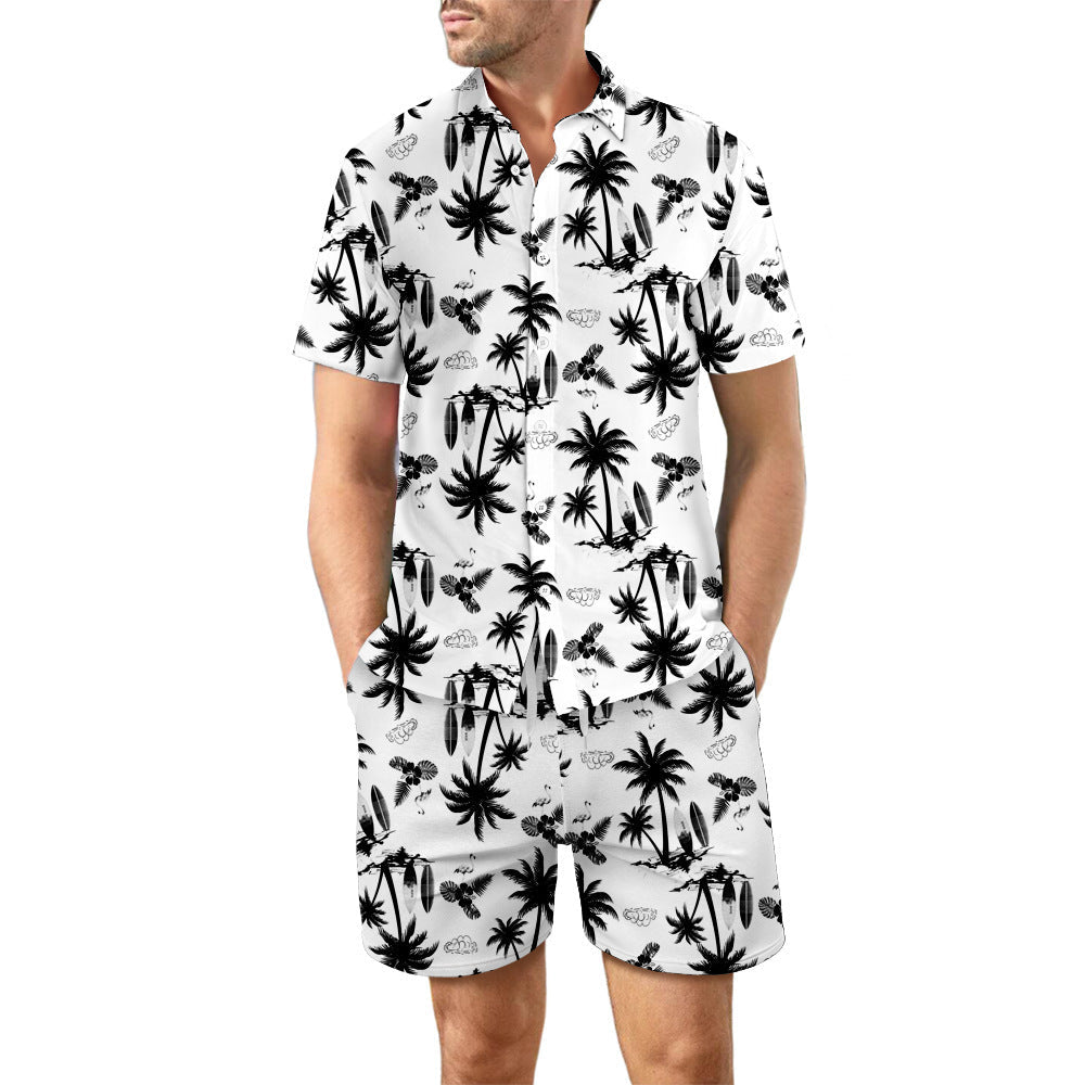 European Size Men's Casual Loose Shirt Suit Hawaii Seaside 3d Digital Printing Beach Short Sleeve Shorts - E. M. E. LLC0