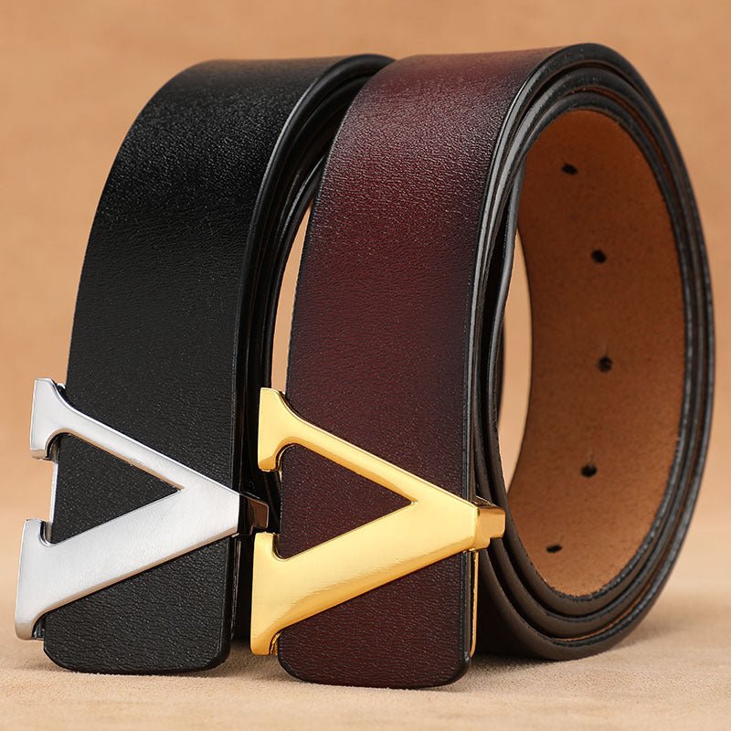 Factory Direct Sales Retro Smooth Genuine Leather Pure Cowhide Letter V Pants Belt - E. M. E. LLC0