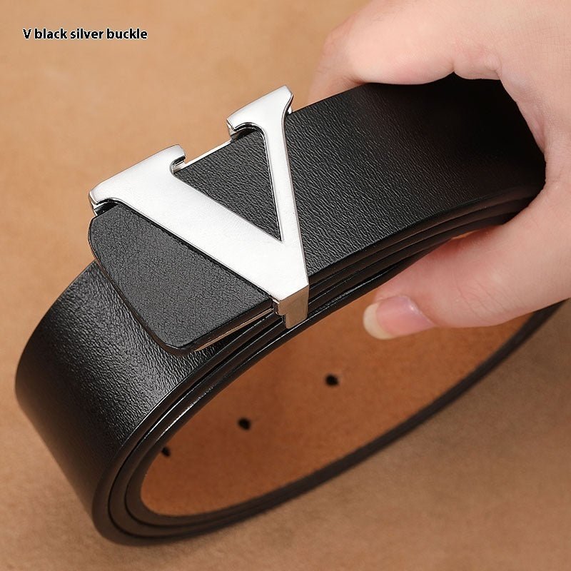 Factory Direct Sales Retro Smooth Genuine Leather Pure Cowhide Letter V Pants Belt - E. M. E. LLC0