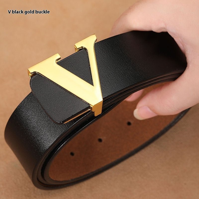 Factory Direct Sales Retro Smooth Genuine Leather Pure Cowhide Letter V Pants Belt - E. M. E. LLC0