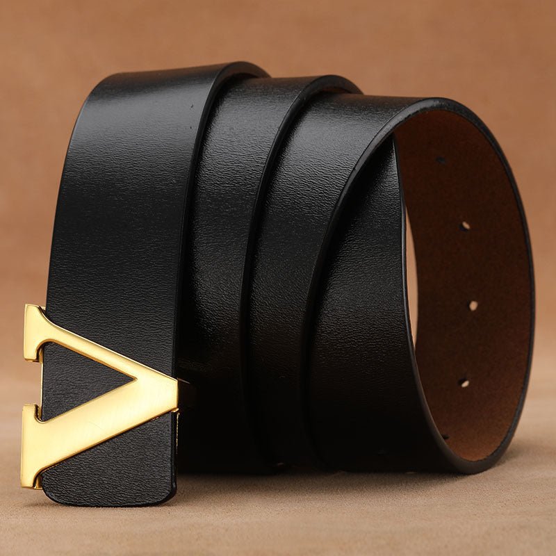 Factory Direct Sales Retro Smooth Genuine Leather Pure Cowhide Letter V Pants Belt - E. M. E. LLC0
