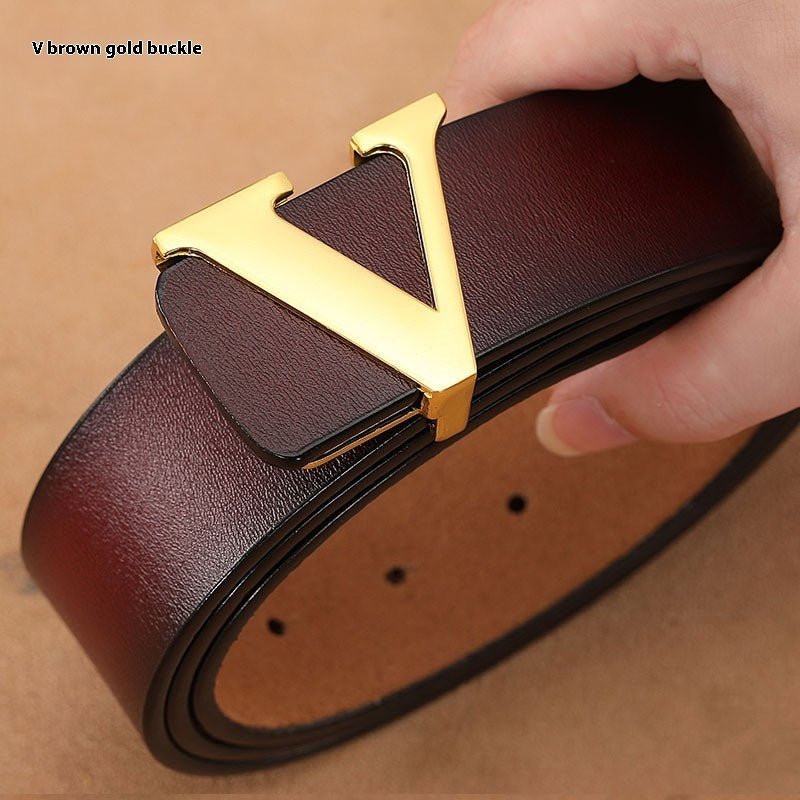 Factory Direct Sales Retro Smooth Genuine Leather Pure Cowhide Letter V Pants Belt - E. M. E. LLC0