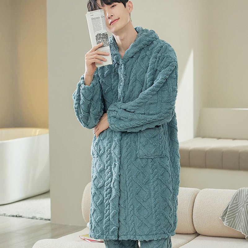 Men's Long Sleeve Cardigan Pajamas Outer Wear Coral Fleece Home Wear - E. M. E. LLC0