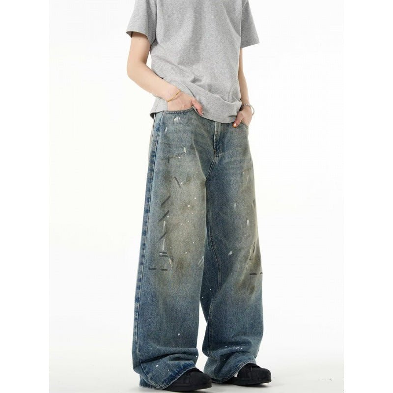Splash - ink Jeans Men's Retro Washed Distressed Baggy Straight Trousers - E. M. E. LLC0