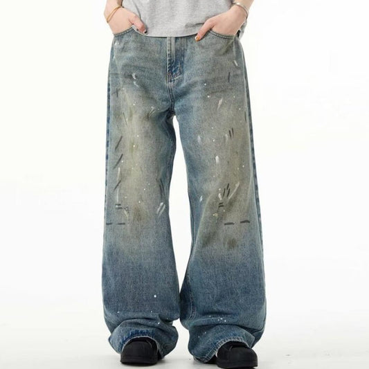 Splash - ink Jeans Men's Retro Washed Distressed Baggy Straight Trousers - E. M. E. LLC0