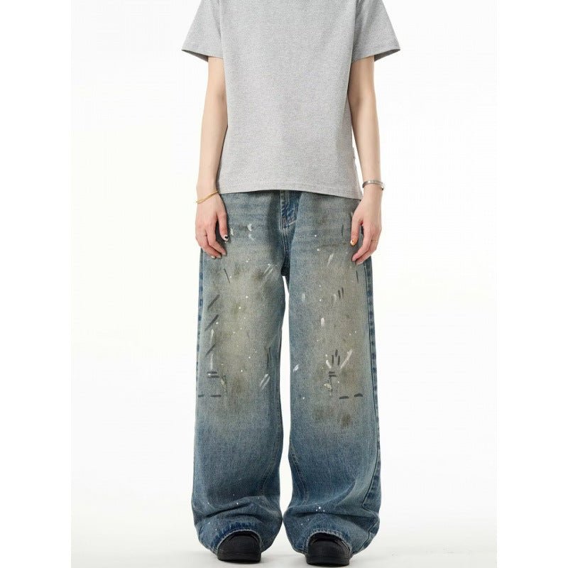 Splash - ink Jeans Men's Retro Washed Distressed Baggy Straight Trousers - E. M. E. LLC0