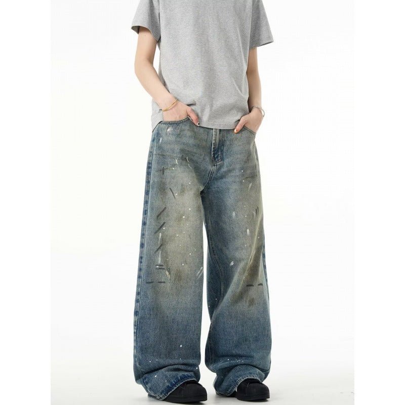 Splash - ink Jeans Men's Retro Washed Distressed Baggy Straight Trousers - E. M. E. LLC0