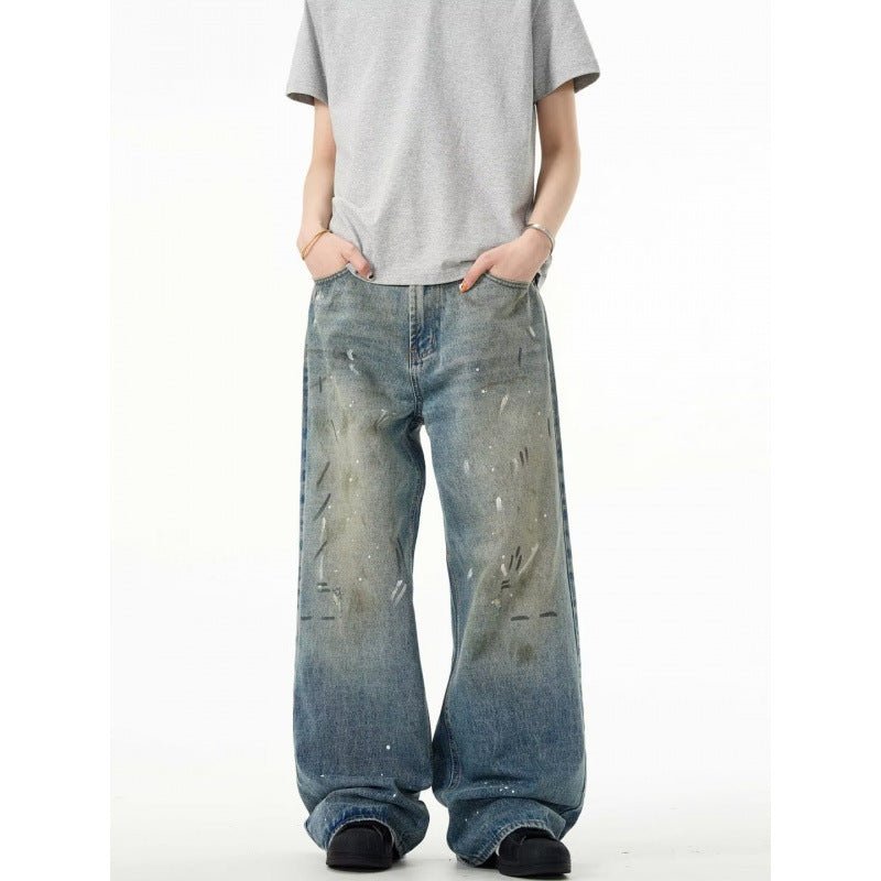 Splash - ink Jeans Men's Retro Washed Distressed Baggy Straight Trousers - E. M. E. LLC0