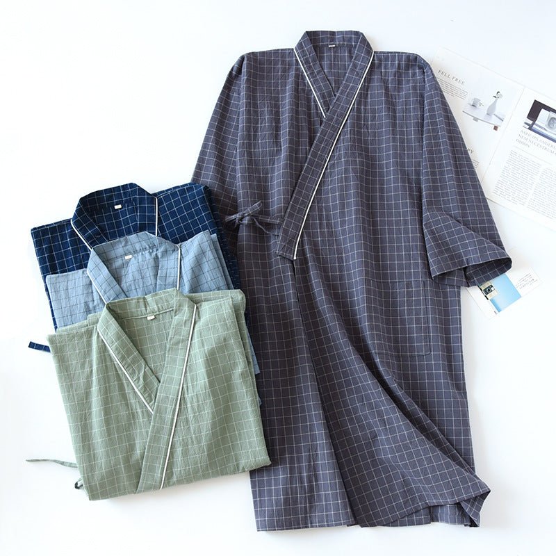 Spring And Summer Japanese Men's Kimono Nightgown Bathrobe Washed Cotton Gauze - E. M. E. LLC0