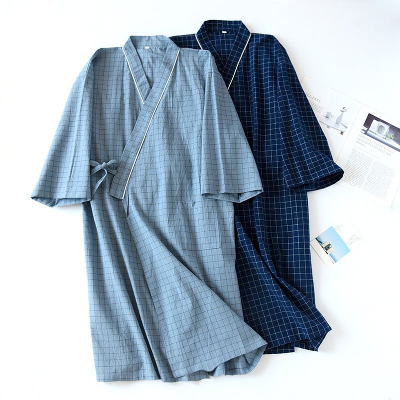 Spring And Summer Japanese Men's Kimono Nightgown Bathrobe Washed Cotton Gauze - E. M. E. LLC0
